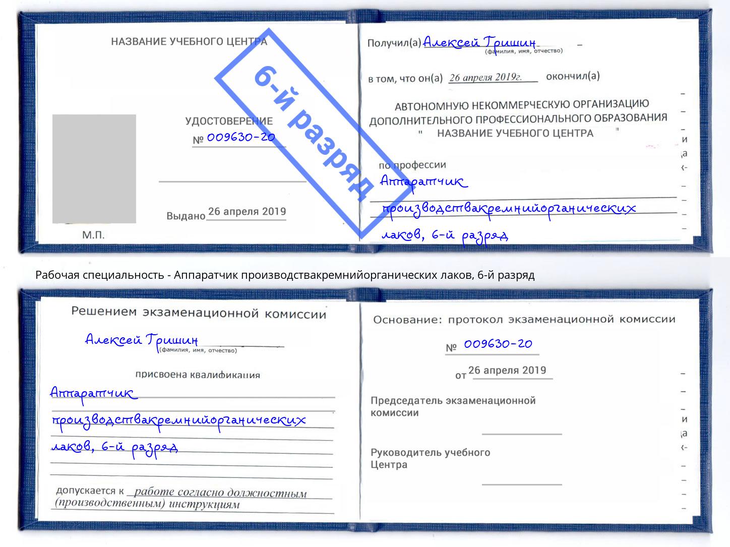 корочка 6-й разряд Аппаратчик производствакремнийорганических лаков Корсаков