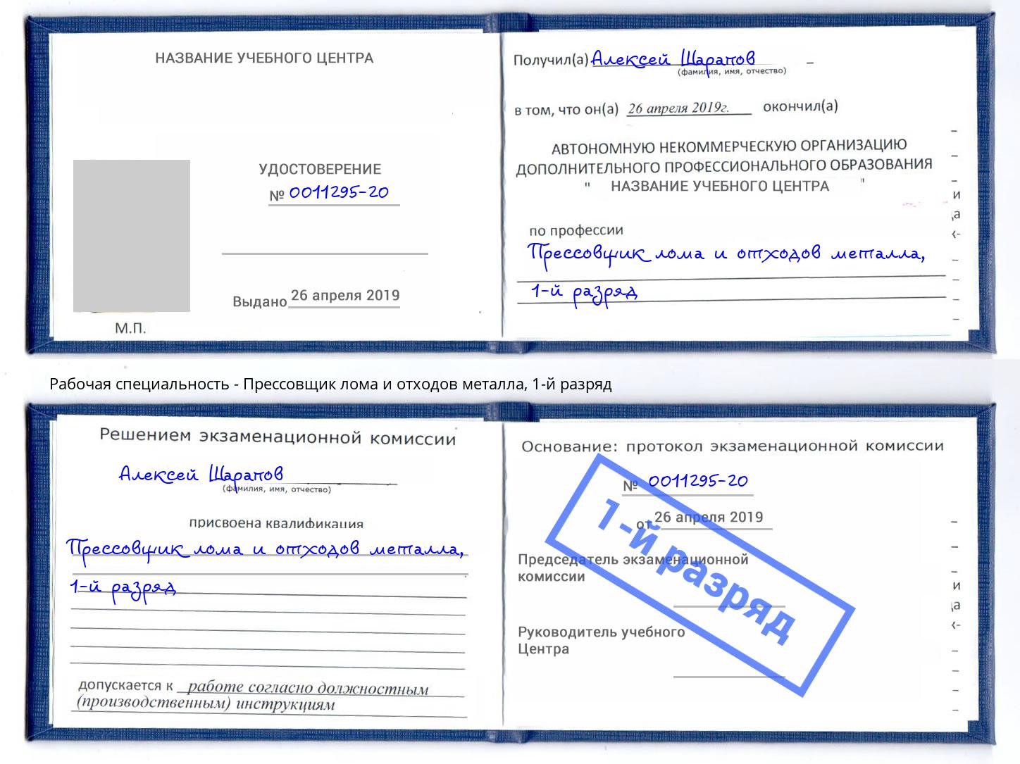 корочка 1-й разряд Прессовщик лома и отходов металла Корсаков