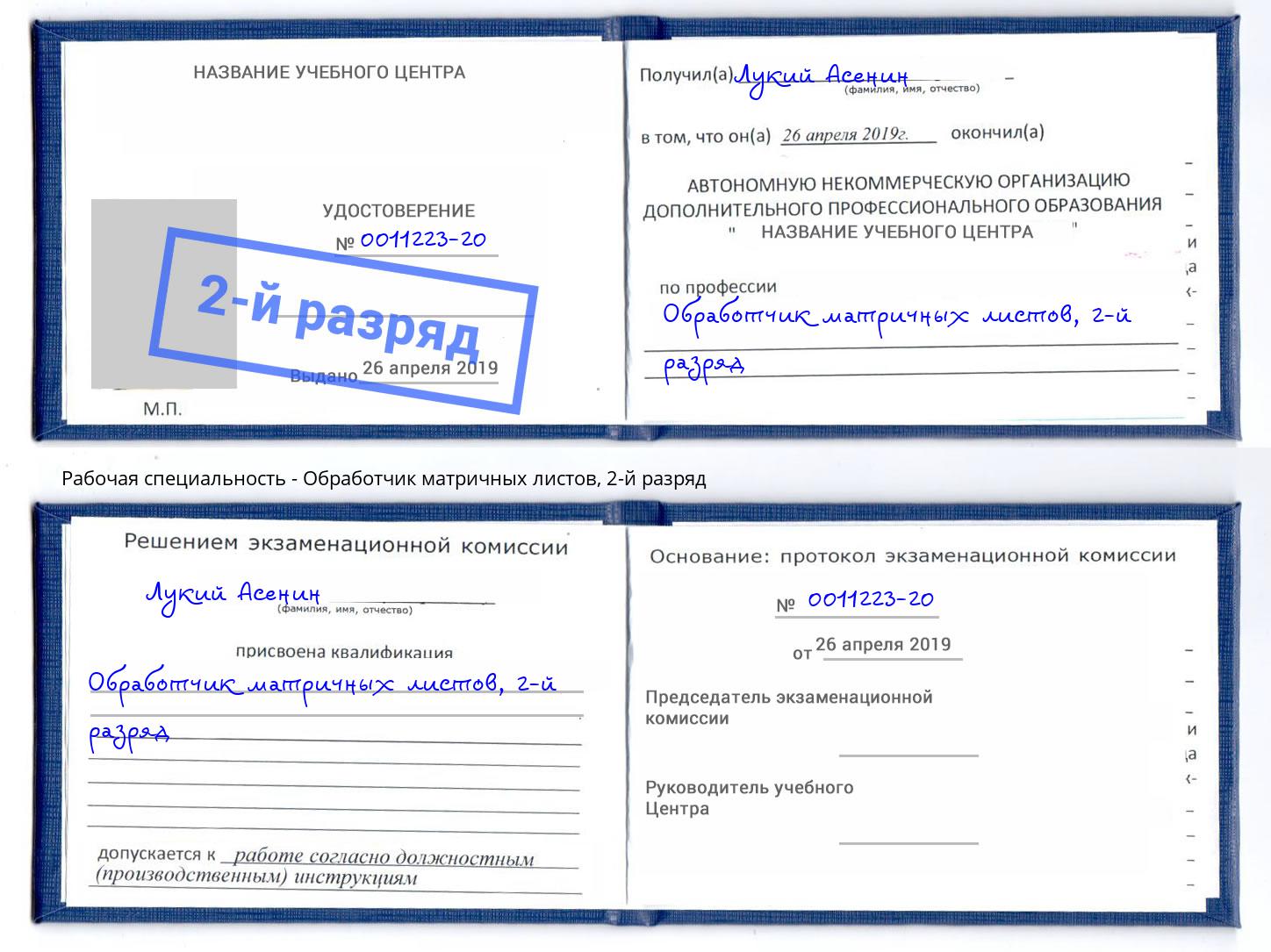 корочка 2-й разряд Обработчик матричных листов Корсаков