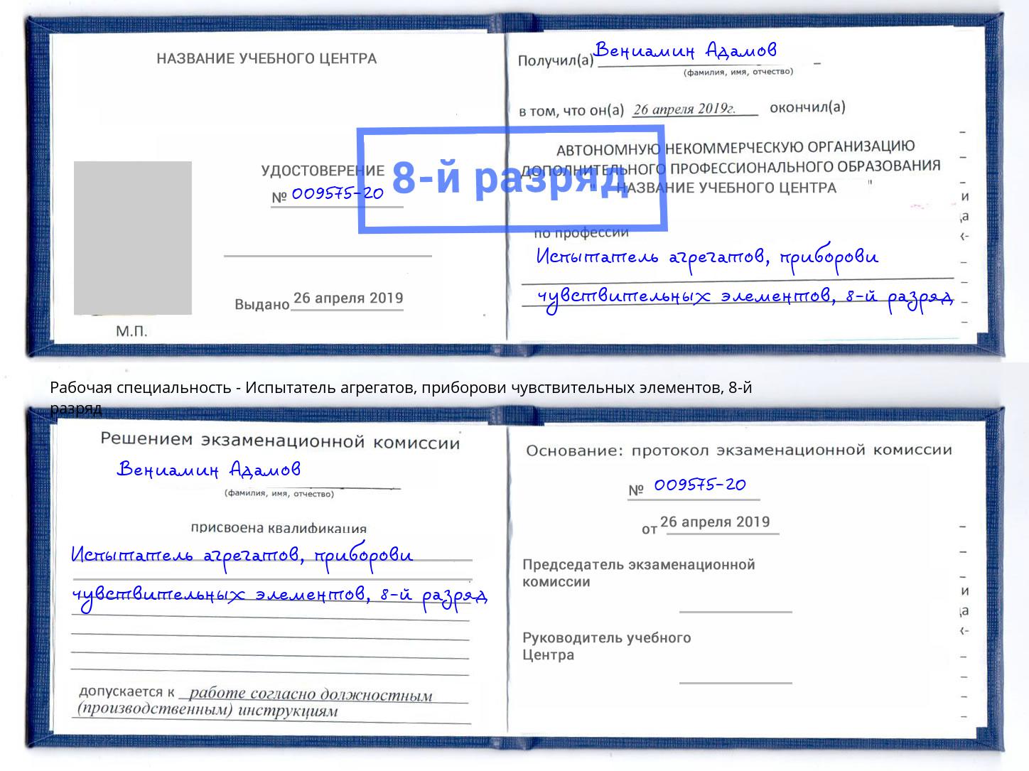 корочка 8-й разряд Испытатель агрегатов, приборови чувствительных элементов Корсаков